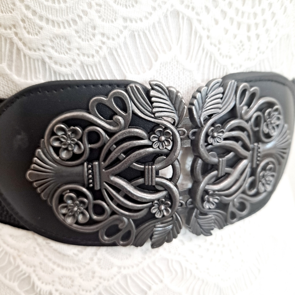 Black floral buckle corset boho elastic wide waist goth party dress belt - Picture 9 of 16